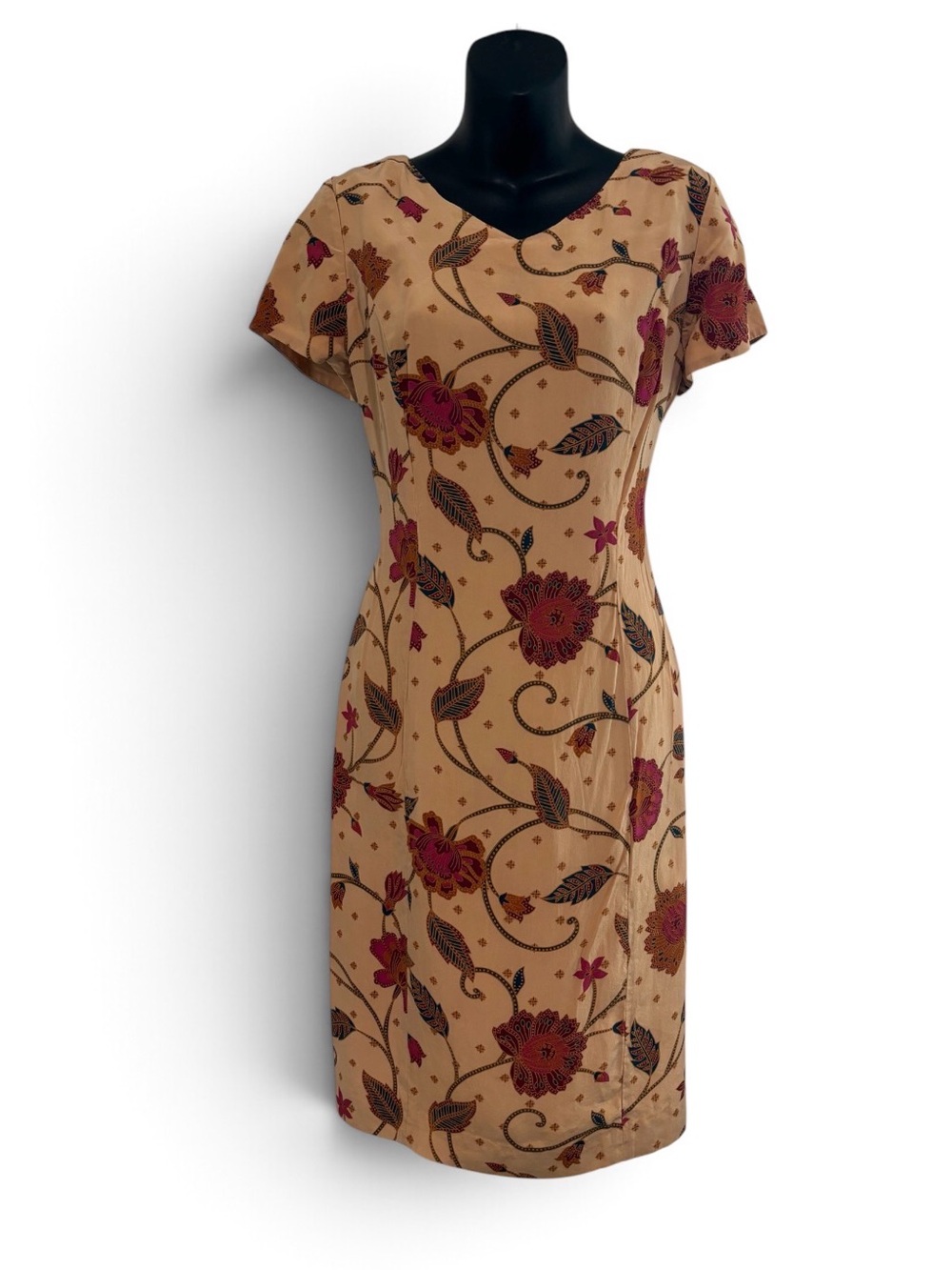 Adrianna Papell Floral Silk Mini Dress in Tan & Burgundy Size 8 Like New